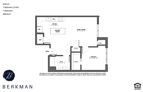 Floor plan for 1 bed, 1 bath, 688 sqft